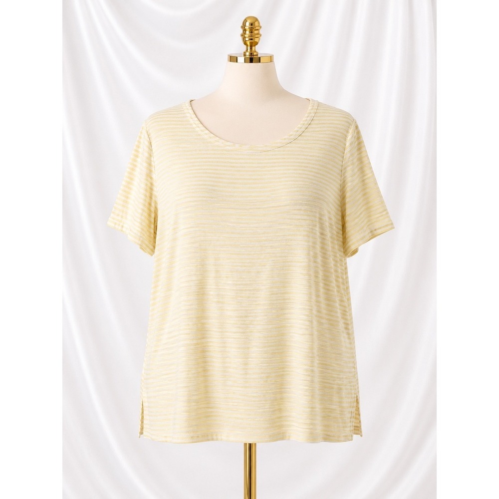 J. Jill Pima‎ Slub Scoop Neck Side Slit Tee XL Yellow White Striped Cotton